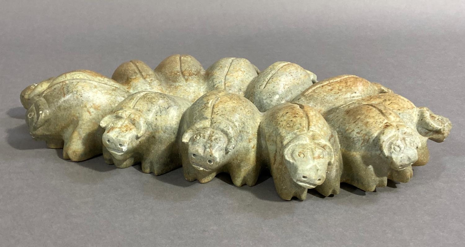 Inuit Carving - Musk Ox Circle by Johanasie Faber 2002, rare carving of twelve musk oxen in the