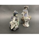 Two Lladro figures of Geishas, one kneeling holding a spray of flowers, the other sitting on a bench