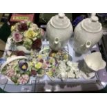 A pair of Coalport country ware coffee pots, various china flower clusters, Crown Staffordshire