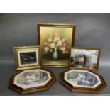 A pair of cat prints in octagonal frames, an oil of roses, a Parisian street scene and a metal