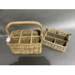 A wicker six division bottle carrier and a square two handled basket of five divisions