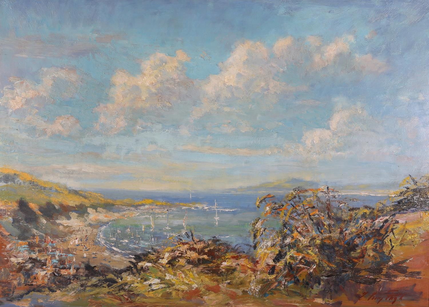Mid 20th Century European, Coastal landscape with sailing dinghies in a bay, oil on board,