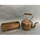 A Victorian copper kettle and an oblong planter on claw feet