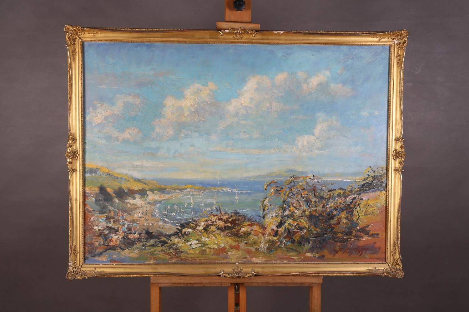 Mid 20th Century European, Coastal landscape with sailing dinghies in a bay, oil on board, - Image 2 of 5