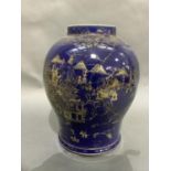 A 19th century Chinese vase of baluster form, blue glaze, painted in gilt with a pagoda river island