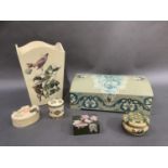 A jewellery box with domed cover, waste paper basket and four various trinket boxes