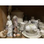 Two china tea services, bread crock, Nao figure, resin model, owls etc