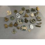 Tub of Military cap badges etc, varied condition