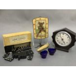 A 1920/30s windmill wall clock with single pine moulded weight, a box of vintage Empire dominoes,