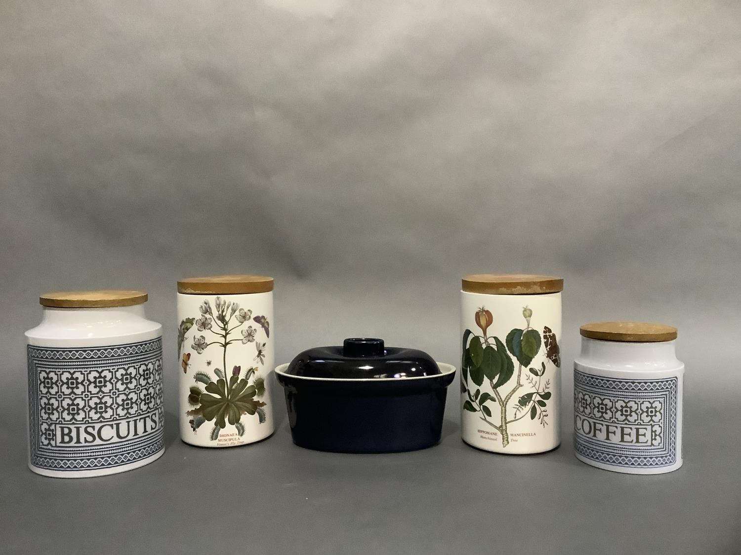 Two Portmeirion storage jars, a Hornsea pottery Tapestry storage jar for biscuits and one for coffee