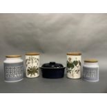 Two Portmeirion storage jars, a Hornsea pottery Tapestry storage jar for biscuits and one for coffee