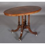 A VICTORIAN FIGURED WALNUT WINDOW TABLE, oval, on four slender turned and lobed uprights joined by a