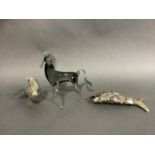 An Italian glass figure of a horse together with a abalone articulated fish and an abalone model