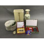 Oriental ware including a set of Japanese egg shell china tea plates, large square pottery vase,