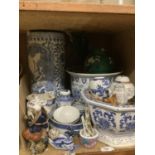 Modern Chinese blue and white planters and umbrella stand, rice bowls, lidded mugs, figure, etc