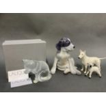 A Lalique cat sitting licking his paw (chipped to the ear) in original box, a Royal Copenhagen