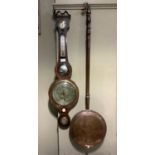 A 19th century mahogany banjo barometer together with a copper warming pan on a turned fruitwood