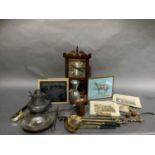 A modern wall clock, brass fire tongs, balance scale, quantity of pictures, two brass weights, brass