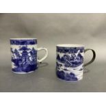 Two late 18th/early 19th century blue and white Chinese mugs each painted with a pagoda and island