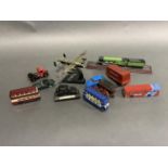 A quantity of diecast vehicles including double decker and single buses, lorries, cars, Lancaster