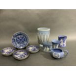 A set of three Chinese export blue and white with gilt pagoda river island pattern saucer dishes,