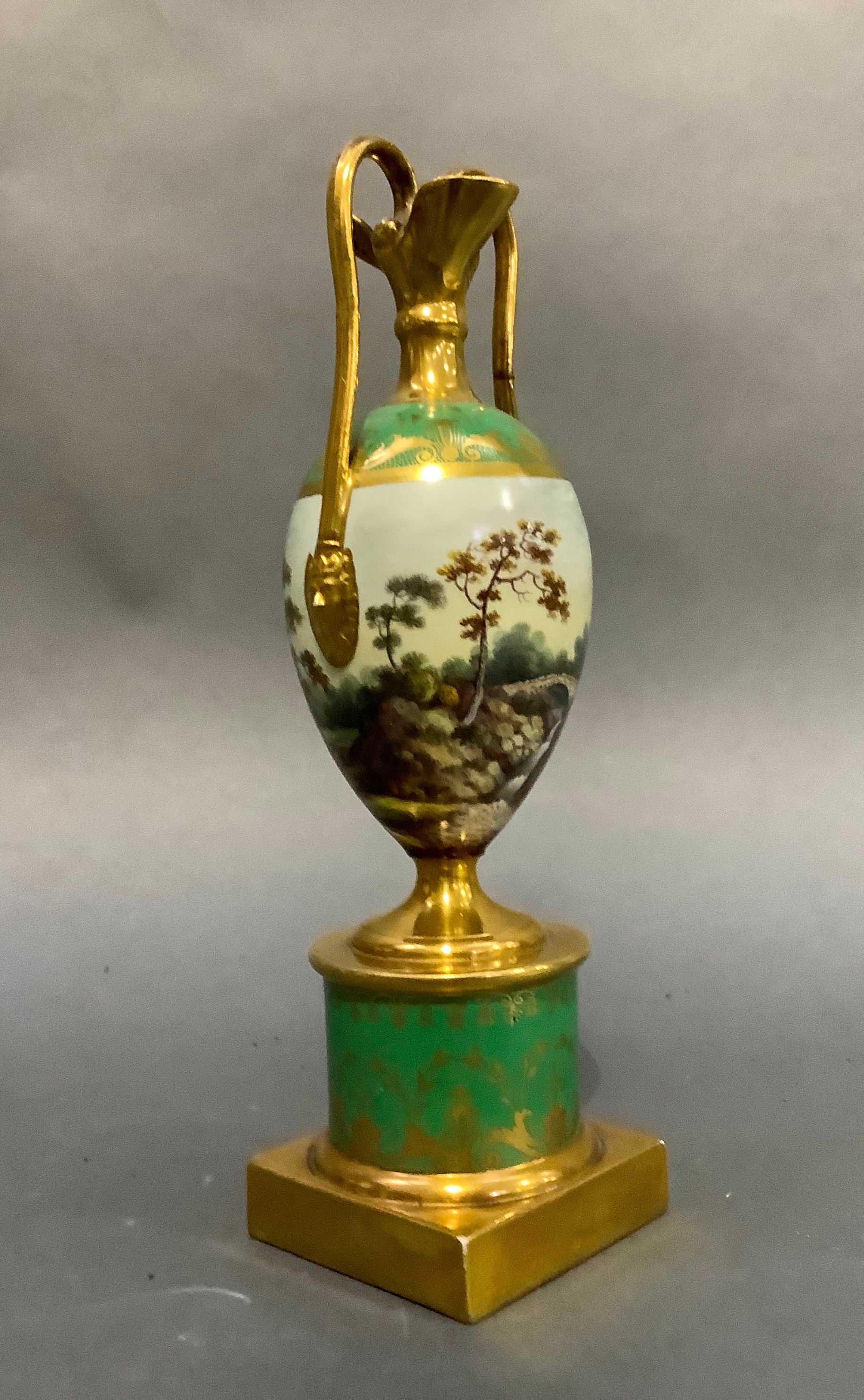 A 19th century continental two handled vase finely painted with a continuous river landscape - Image 3 of 5