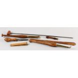 A collection of 19th century hardwood and brass mounted leather working tools, two with agate heads,