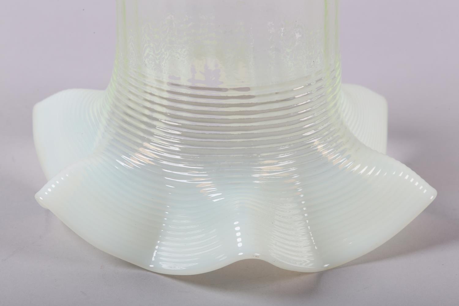 A late 19th century vaseline glass light shade with vertically banded and folded rim, 17cm - Image 2 of 4