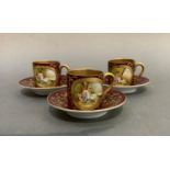 A set of three Vienna porcelain coffee cans and saucers each painted with Aglaia, in a landscape,