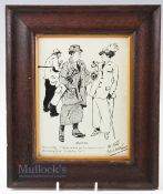 J H Noel Gowers - humorous pen and ink golfing sketch c1920s titled "Gratified" with annotation
