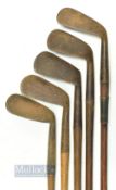 5x Assorted irons to incl' deep grooved face mashie niblick with indistinct maker's marks, E