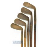 5x Assorted irons to incl' deep grooved face mashie niblick with indistinct maker's marks, E