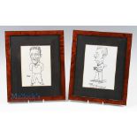 c1920 2x Framed Caricature of Gloucestershire Cricketers - Percy Mills and Francis Rodgers, Original