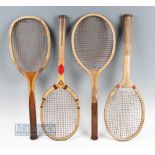 4 Early Wooden tennis Rackets, all with convex & concave wedges plus regular handles d, to include