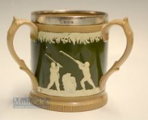 Fine Copeland Late Spode large golfing ceramic silver band tyg c1900 - decorated with golfers in