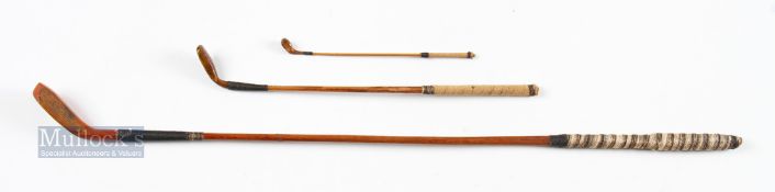 Collection of 3x miniature hand made early graduated longnose clubs include a short spoon, with long