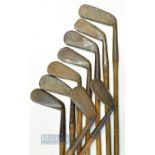9x assorted golfing irons - mainly cleeks, long irons, mid irons and mashies - makers incl Spalding,