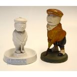 2x early Hassall Style Bisque Golfing Figures with bramble golf ball movable heads - comprising a