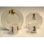 3x 20thc Golfing related bone china/ceramic items - delicate cup and saucer with hand painted period