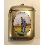 Late Vic. Silver Plate and Enamel Vesta Case - with enamel figure of golfer on the obverse with