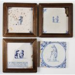 4x Early Dutch Delft Kolf/Golf Hand Painted Tiles c1700s - one has been restored, another has corner