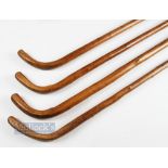 4x Early Bent Wood Hockey / Shinty sticks, all with signs of wear and use