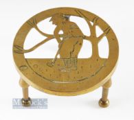 Brass Golf Figure Embossed Trivet Stand, on tree legs 15cm diameter 10cm tall