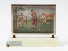 Interesting Silver Plated Decorative Desk Golf Clock - with hand painted golfing scene with club