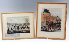 2x Dutch Winter Kolf Scene Coloured Prints by A Van Der Neer - both River Scenes c1600 - both mf&g -