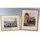 2x Dutch Winter Kolf Scene Coloured Prints by A Van Der Neer - both River Scenes c1600 - both mf&g -