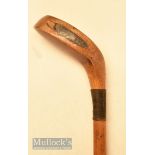 Light stained long wooden driver head styled golf walking stick with three plug ramshorn sole insert