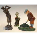3x Metal Golfing Figures - Replica Cast Iron Door Stopper, replica 1930s bronze style golfer (