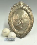 Two Ceramic Bowl Bowling Club Jacks and a Electroplated bowling club shield plaque, the jacks are