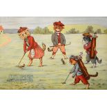 Louis Wain (1860-1939) after - 2x original coloured lithographs of cats playing golf putting out